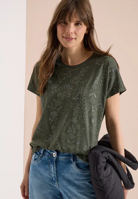 Shirt met ronde hals en frontprint khaki