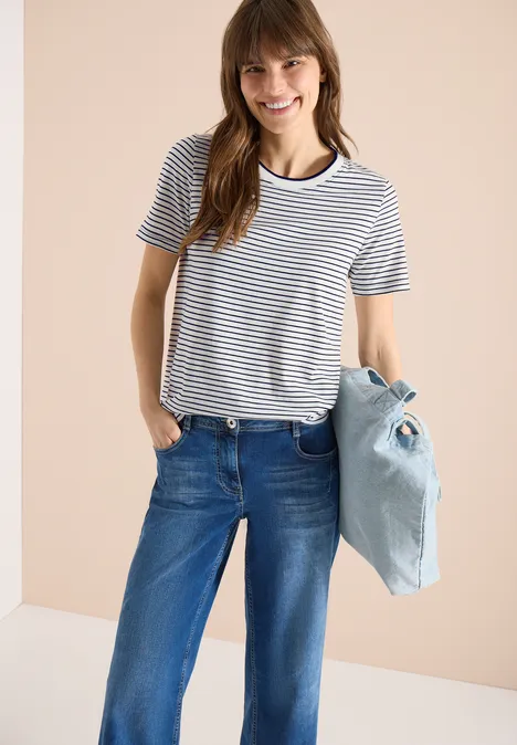 Kurzarm Shirt mit Rundhals und Streifen Black Kurzarm Shirt mit Rundhals und Streifen Black