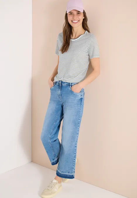 Shirt met korte mouwen, ronde hals en strepen khaki