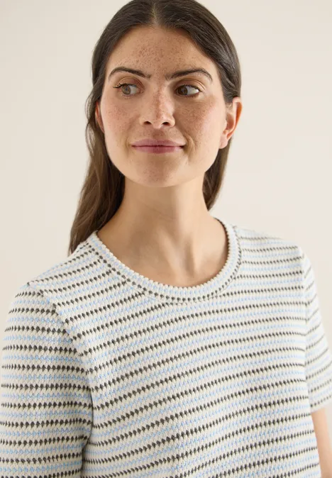 Kurzarm Shirt mit Rundhals und Struktur vanilla white