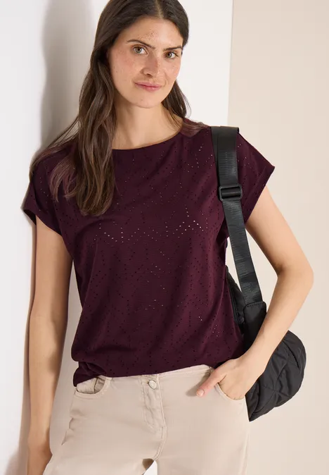 Shirt met boothals in ajour look sweet grape red