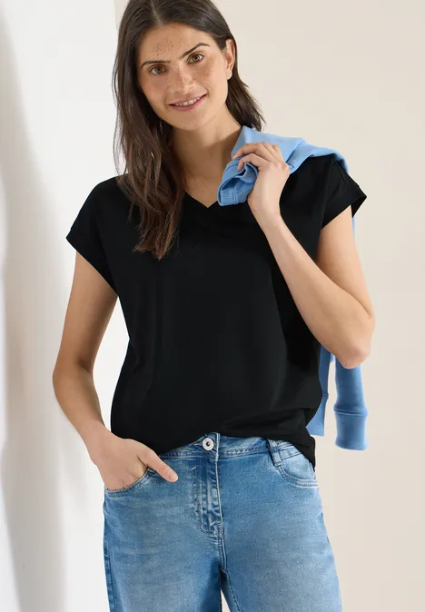 T-shirt à manches courtes et col en V en couleur unie Black