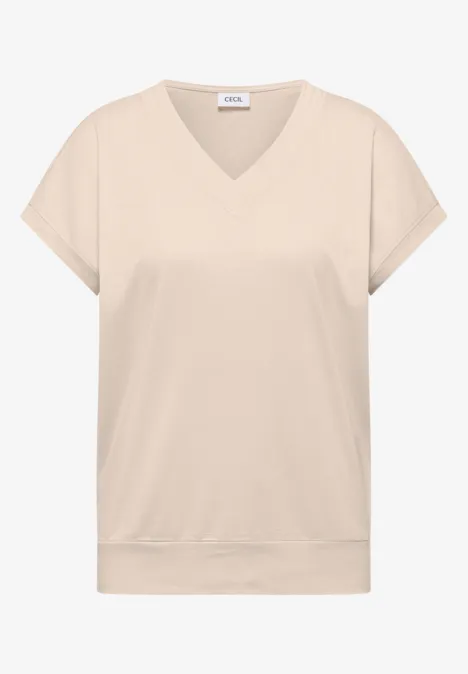 T-shirt à manches courtes et col en V en couleur unie pearl beige