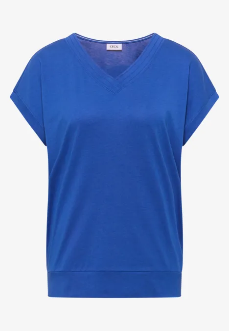 Blaues V-Neck T-Shirt mit kurzen Ärmeln und lockerer Passform.
