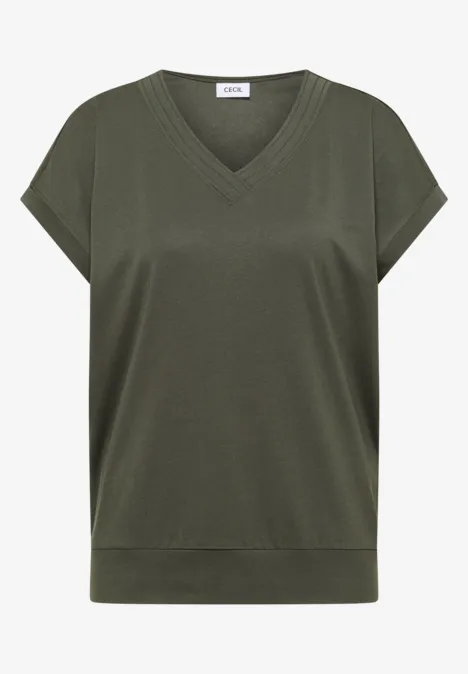 T-shirt à manches courtes et col en V en couleur unie khaki