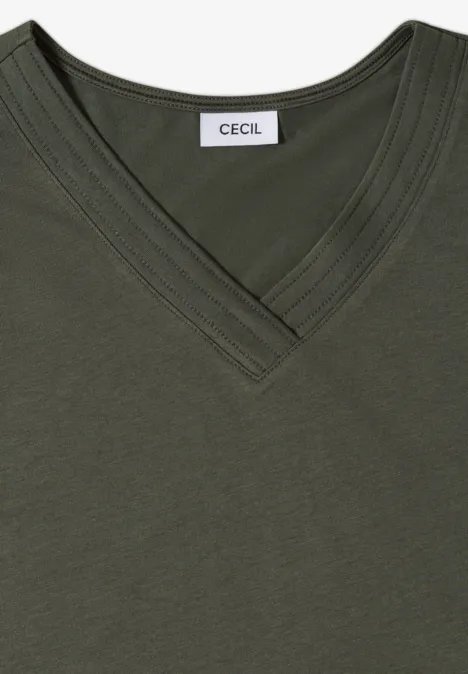T-shirt à manches courtes et col en V en couleur unie khaki