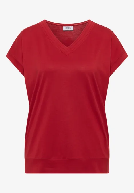 Rood damesshirt met korte mouwen, V-hals en ruime pasvorm.