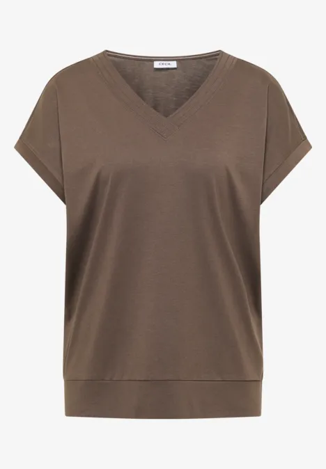 Shirt met korte mouwen en V-hals in effen kleur urban taupe Loszittend T-shirt met korte mouwen en V-hals in olijfbruin.