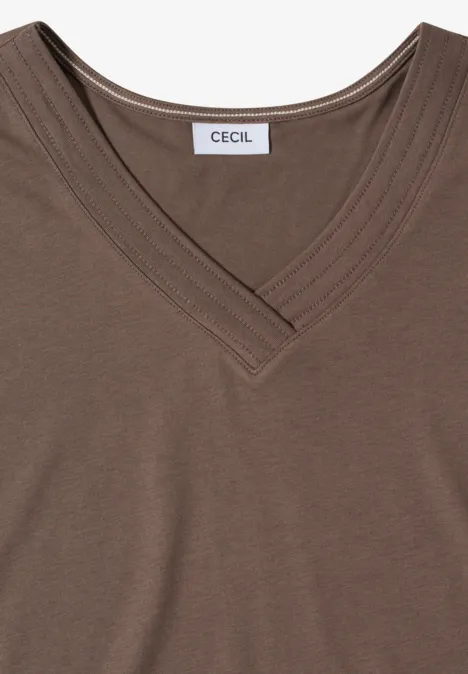 Shirt met korte mouwen en V-hals in effen kleur urban taupe Bruin T-shirt met V-hals en label CECIL