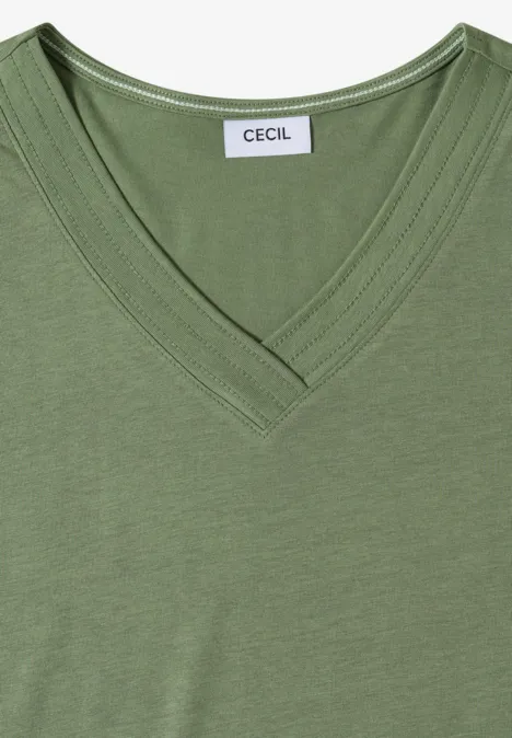 Grünes Damen-T-Shirt mit V-Ausschnitt und kurzen Ärmeln, schlicht und lässig.