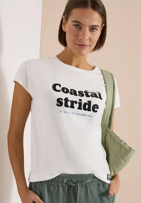 Shirt met boothals en tekstopdruk vanilla white