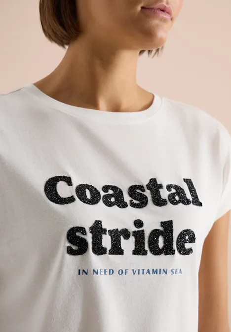 Shirt met boothals en tekstopdruk vanilla white