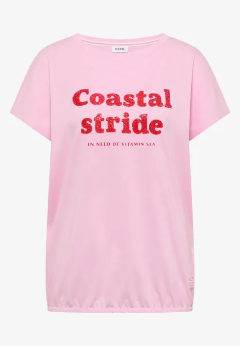 Shirt met boothals en tekstopdruk light blush rose Roze T-shirt met rode tekst "Coastal stride in need of vitamin sea"