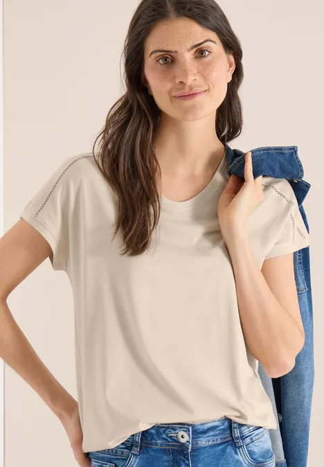 T-shirt avec col en V et détail en dentelle pearl beige
