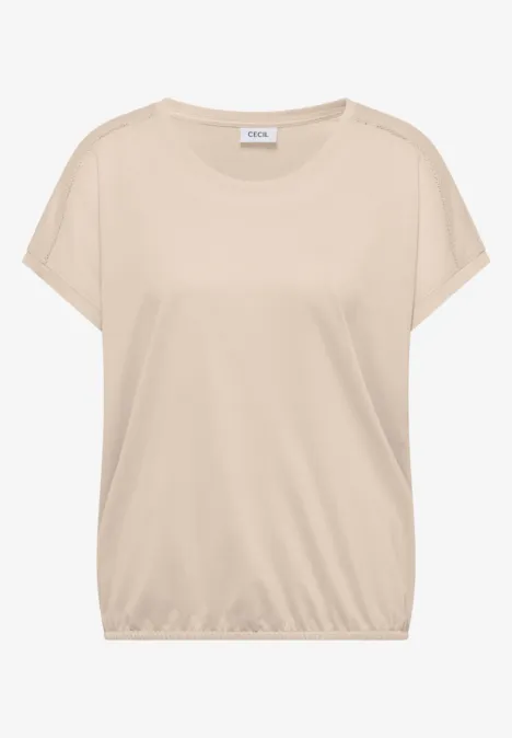 T-shirt avec col en V et détail en dentelle pearl beige