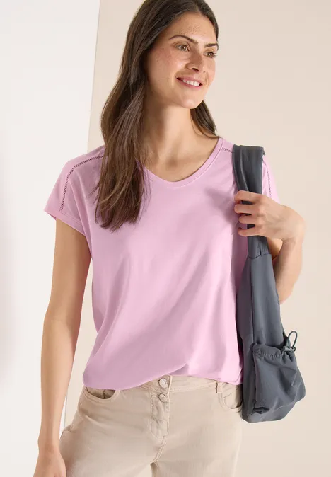 T-shirt avec col en V et détail en dentelle light blush rose
