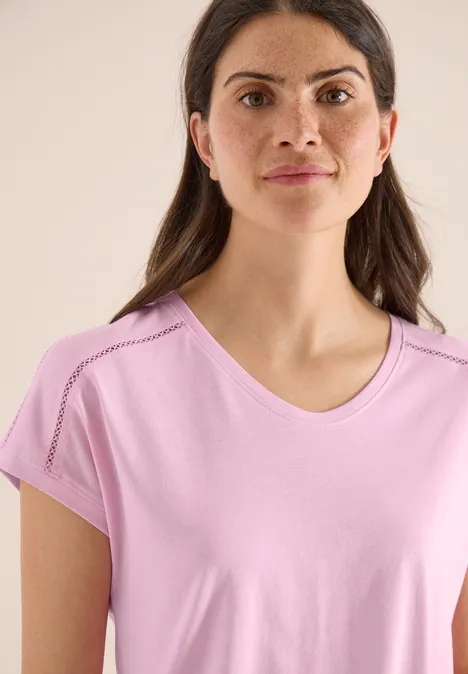 T-shirt avec col en V et détail en dentelle light blush rose
