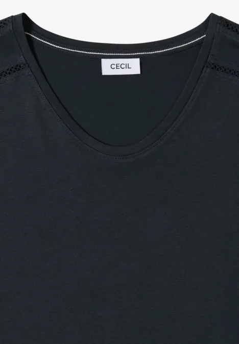 Schwarzes T-Shirt mit Rundhalsausschnitt und 'CECIL'-Label.