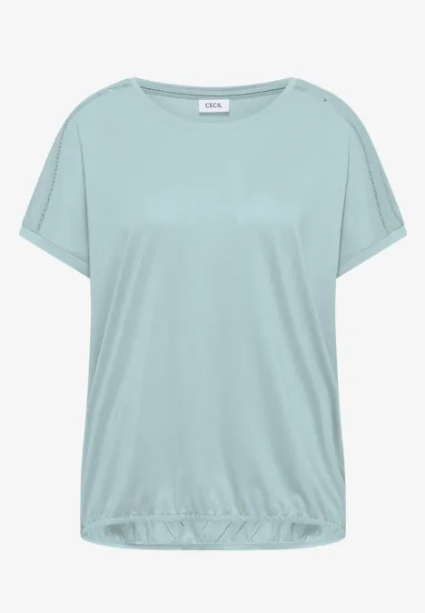 Shirt met V-hals en kanten detail crystal mint Lichtblauw los vallend damesshirt met korte mouwen en elastische zoom.