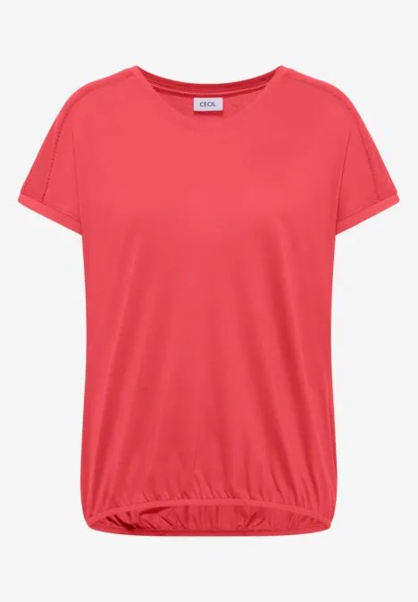 T-Shirt mit V-Neck und Spitzendetail coral Rotes Damen-T-Shirt mit kurzen Ärmeln und elastischem Saum