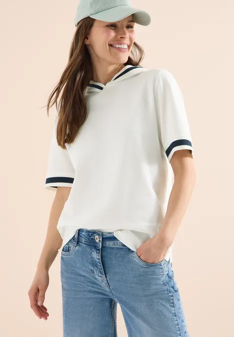 Shirt met korte mouwen, capuchon en geribde details vanilla white
