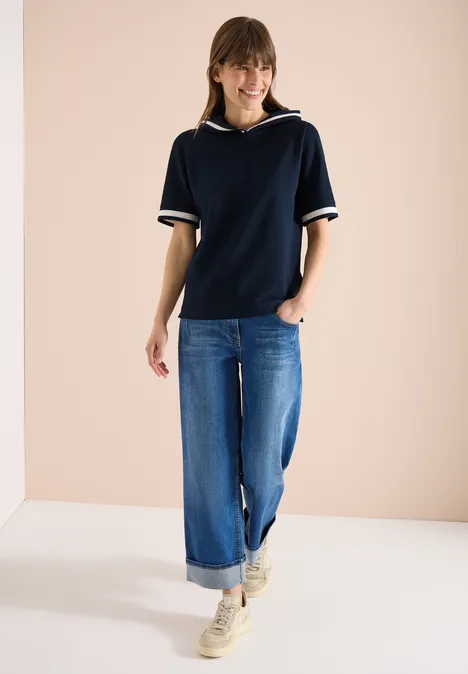 Shirt met korte mouwen, capuchon en geribde details universal blue