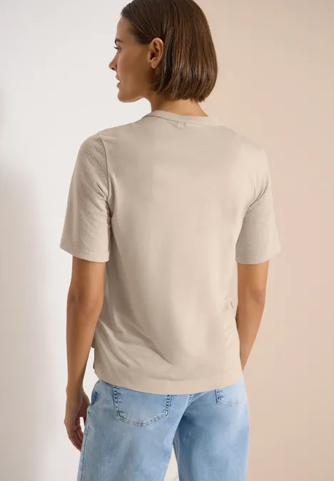 Blouse à manches courtes avec col fendu et rubans pearl beige