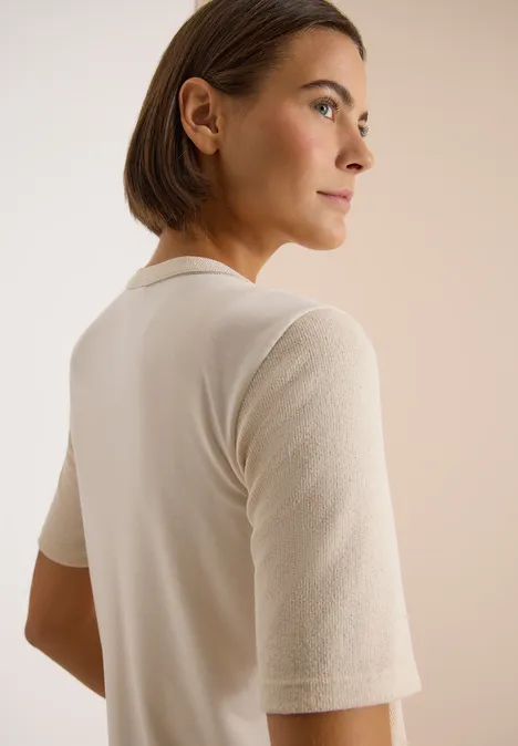 Blouse à manches courtes avec col fendu et rubans pearl beige