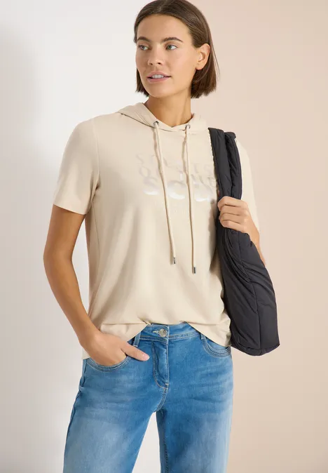 Kurzarm Shirt mit Kapuze und Wording pearl beige Kurzarm Shirt mit Kapuze und Wording pearl beige