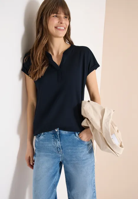 Shirt mit Split Neck im Tunika-Look universal blue