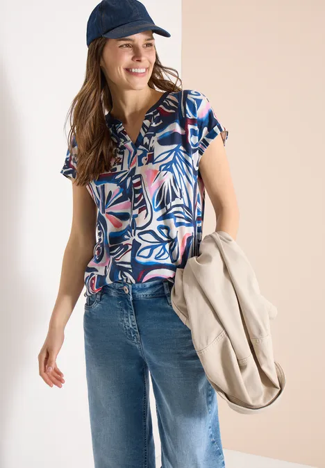 T-Shirt mit Split Neck und Grafikprint universal blue