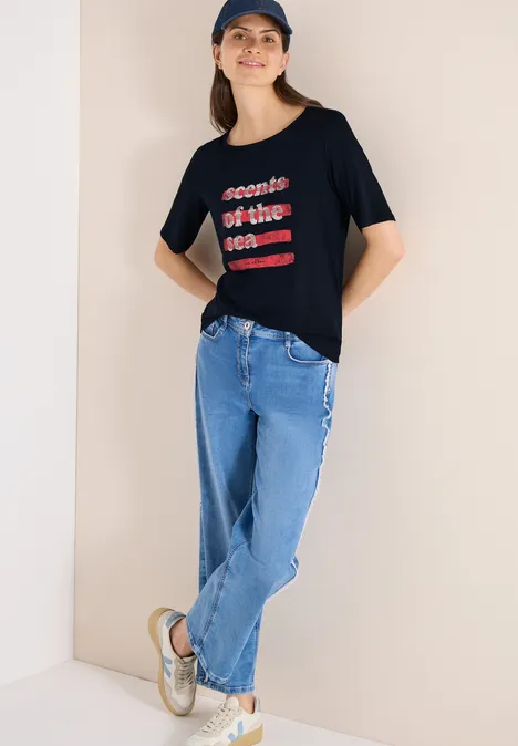 T-Shirt mit Boatneck und Wording universal blue