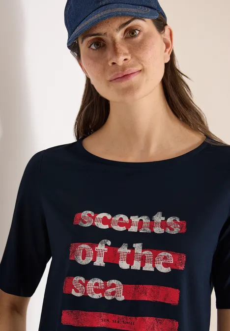 T-Shirt mit Boatneck und Wording universal blue