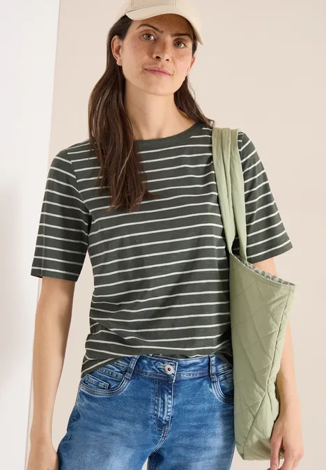 Shirt mit U-Boot-Ausschnitt und Streifen khaki