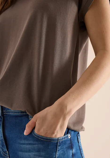 T-Shirt mit V-Neck und Spitzendetail urban taupe