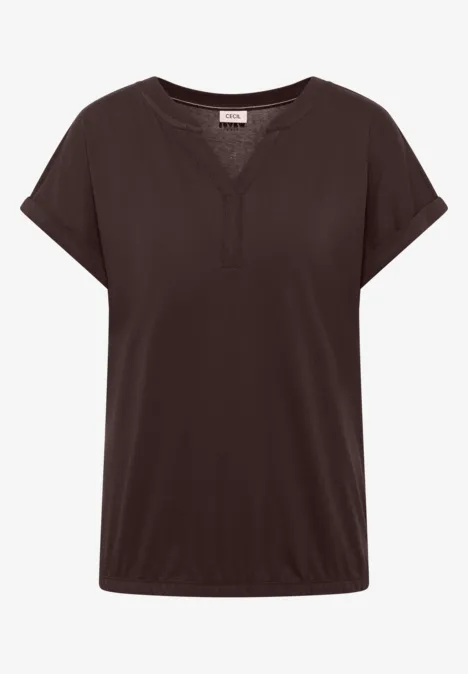 Kurzarm Shirt im Tunika-Look brown cacao Dunkelbraunes, kurzärmeliges Damen-Shirt mit V-Ausschnitt und lockerer Passform.