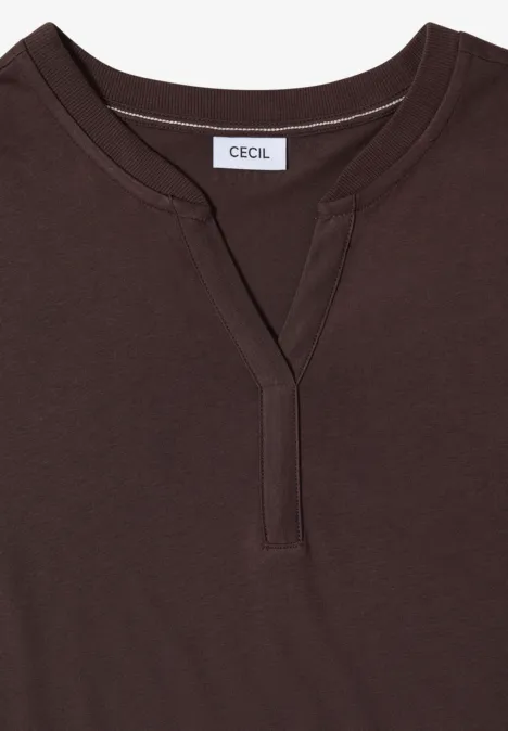 Kurzarm Shirt im Tunika-Look brown cacao Dunkelbraunes Langarmshirt mit Rundhals und kleinem V-Ausschnitt, Markenlabel 'CECIL' am Nacken