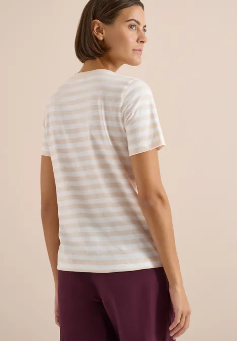 Shirt met ronde hals en strepen pearl beige Shirt met ronde hals en strepen pearl beige