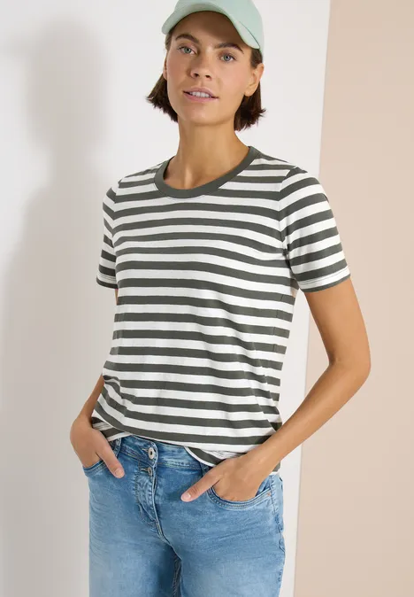 Shirt met ronde hals en strepen khaki Shirt met ronde hals en strepen khaki