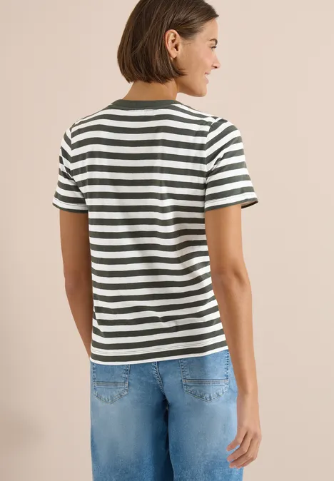 Shirt met ronde hals en strepen khaki Shirt met ronde hals en strepen khaki