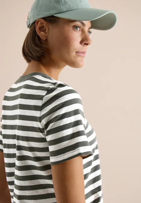 Shirt met ronde hals en strepen khaki Shirt met ronde hals en strepen khaki