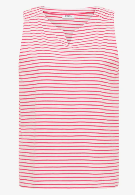 Bluzka bez rękawów w białe i koralowe paski, z delikatnym dekoltem w kształcie V.