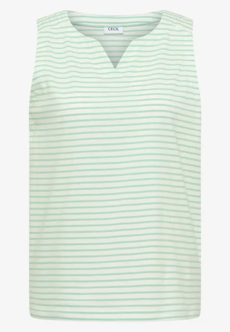 Ärmelloses Top in Weiß mit feinen grünen Streifen und V-Ausschnitt