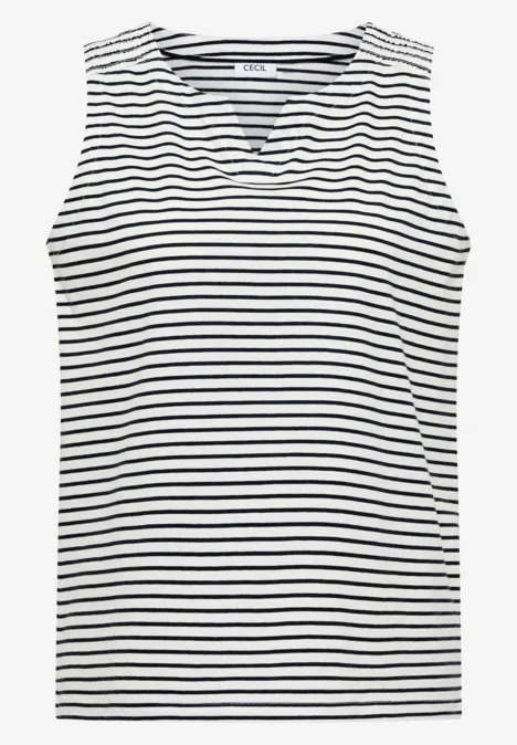 Haut sans manches femme à col en V, rayures horizontales blanches et noires.