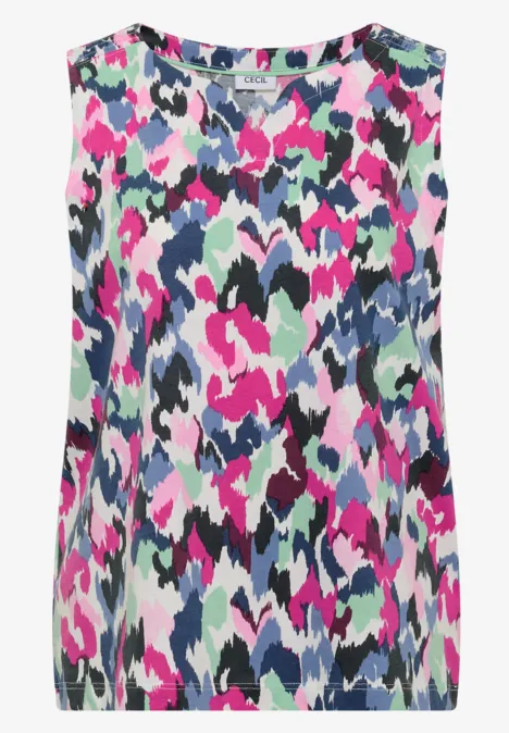 Top femme sans manches à col rond, imprimé camouflage abstrait multicolore en rose, vert et bleu.