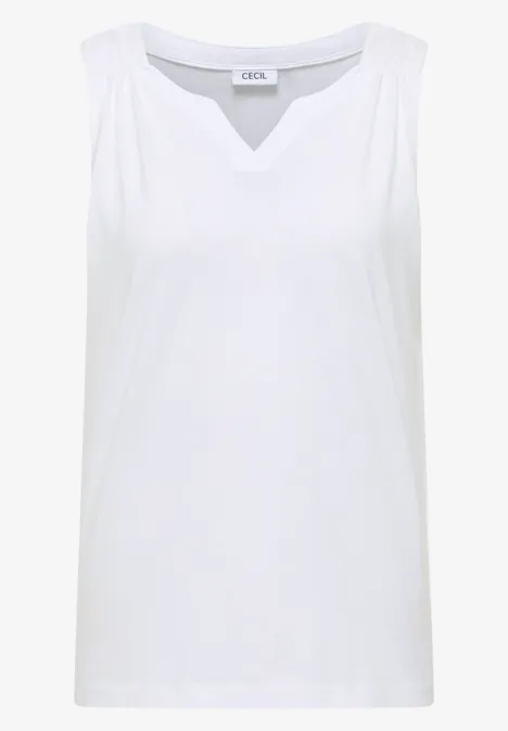 Witte damesmouwloze top met V-hals van licht materiaal.