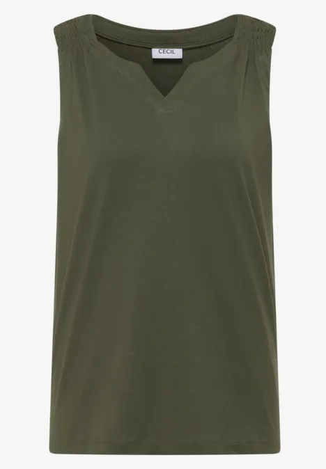 Mouwloos olijfgroen topje met V-hals en subtiel splitje