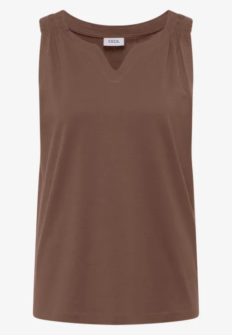 Bruin mouwloos topje met V-hals en brede bandjes.