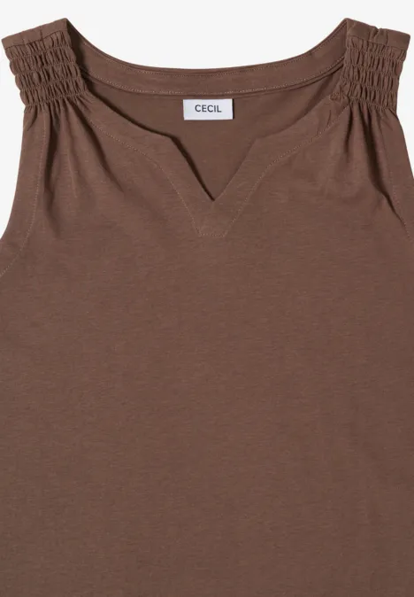 Bruin mouwloos topje met V-hals en geplooide schouderbandjes