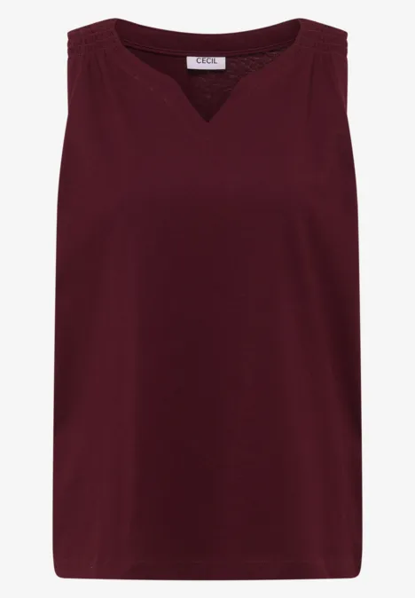 Mouwloze bordeaux top met V-hals en rechte zoom.